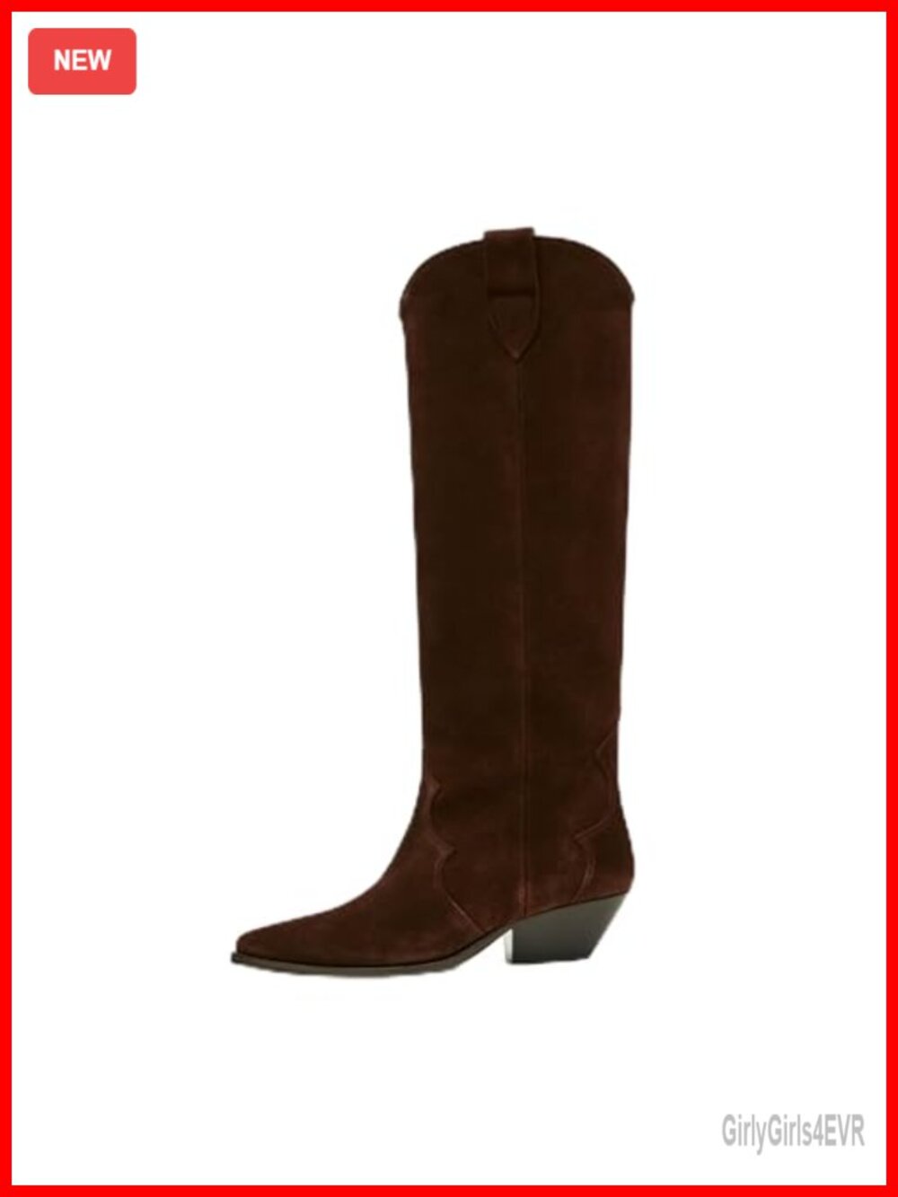 Suede Cowboy Boots for Women Pointed Toe Chunky Heel Knee High Pull On Wide Calf